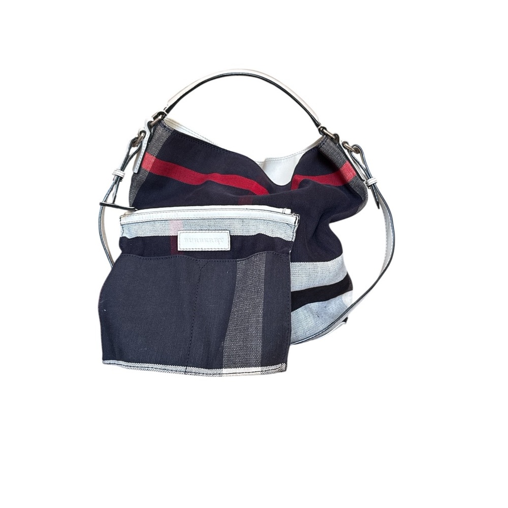 BURBERRY Authentic Canvas Mega Check Medium Ashby Hobo Saddle Bag Navy/ White
